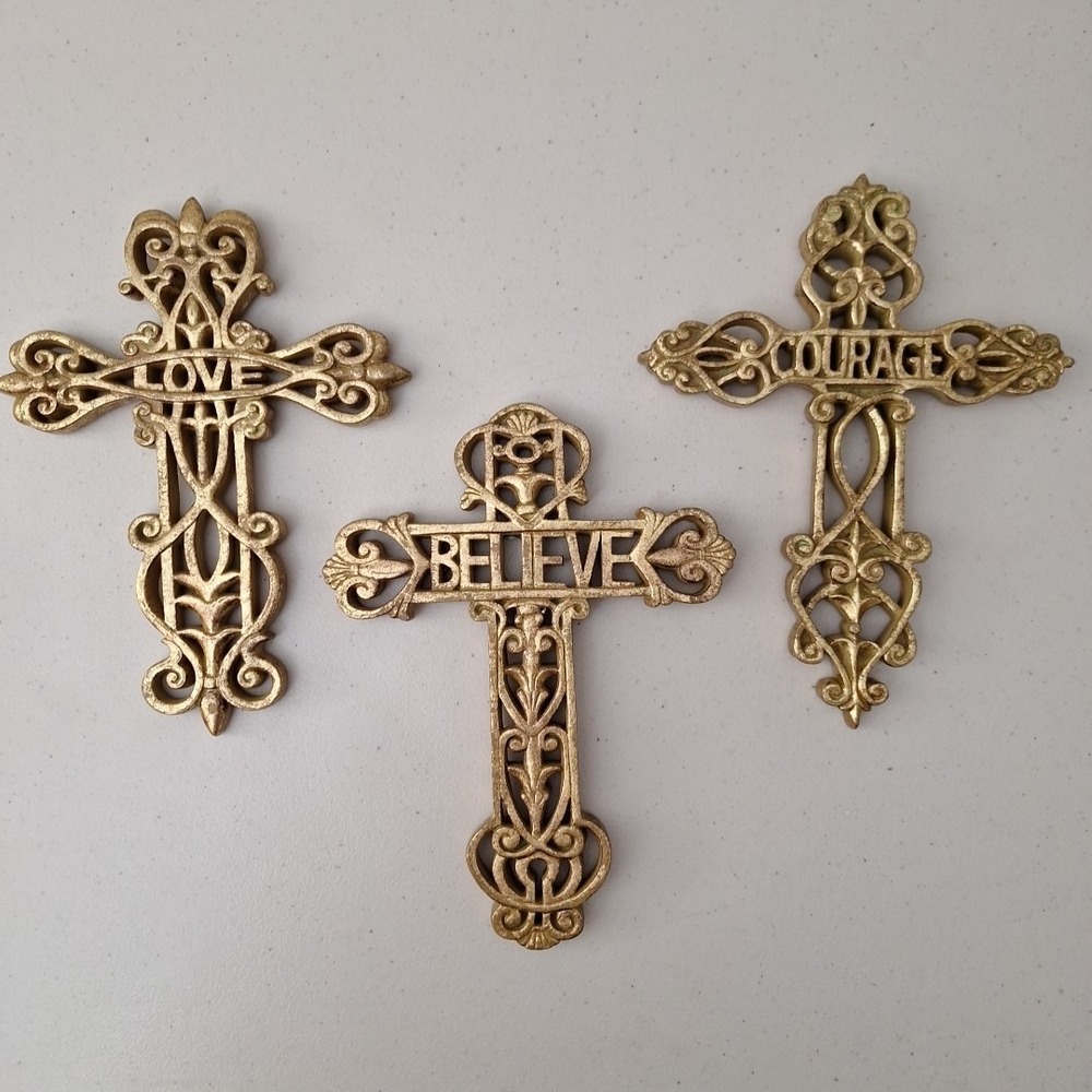 Elements Brand Vtg LOT OF 3 GOLDEN Hanging Cross Decor 9" Tall x 7" Wide CROSSES